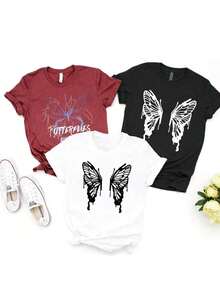 Camiseta de mujer modelo 2026, 1 pieza de camiseta casual de manga corta para mujer, diseño con estampado de alas de mariposa, camiseta de manga corta con cuello redondo para mujer, top deportivo casual transpirable de algodón puro, regalo para vacaciones, mariposa de primavera, Pascua. - Negro - Ver 6