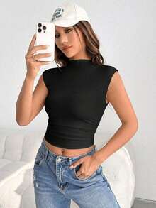 Camiseta de tirantes arrugada con cuello de embudo, conjunto de ropa de verano - Negro - Ver 3