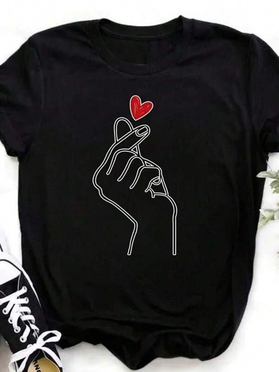 Maycaur, Nueva Camiseta Con Corazón De Dedo, Camisetas Para Mujer, Camisetas Gráficas Ulzzang Coreanas, Camisetas De Moda Para Mujer, Camisa Negra Para Niñas De Los Años 90 - Negro - Ver 1