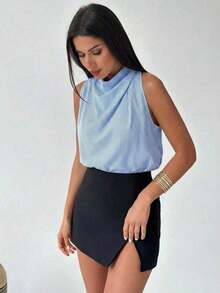 Camisa asimétrica plisada de color albaricoque, elegante y de moda, para uso diario en la oficina, de vacaciones o en festivales de música, para primavera/verano - Azul y blanco - Ver 5
