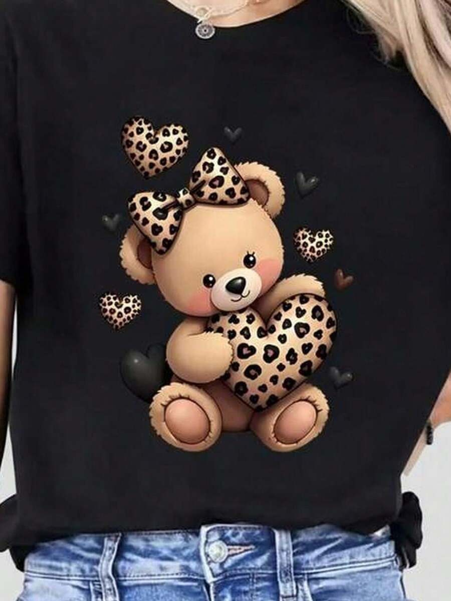 Women's Graphic T-Shirt, Teddy Bear Print, Bow, Hearts, Animal Print, Leopard Hearts, Love, Teddy Bear, Casual Daily Wear, Day And Night, Spring And Summer. - 黑色 - 查看 1