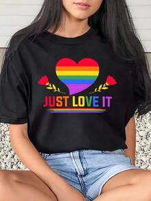 1 Piece Women's T-Shirt With Rainbow Heart Print "Just Love It", Casual For Everyday Wear, Round Neck, Short Sleeve, Soft And Comfortable, 220 G/M², 180 G, 100% Cotton - 黑色 - 查看 1