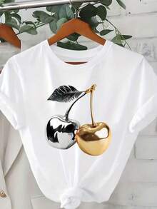 Women's Vintage T-Shirt With Gold And Silver Cherry Print And Silver Leaves, Short Sleeve, Round Neck, Casual Style, Suitable For Autumn, Summer And Spring, Daily Wear, Women's Clothing - 黑色 - 查看 8
