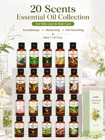 LZJV 20 Pcs Essential Oils Set, 30ml Plant Oils, Suitable For Humidifier And Aromatherapy Diffuser, Lavender, Rose, Peppermint, Sandalwood, Coconut, Cherry Blossom, Tea Tree, Aloe, Rosemary, Vanilla, Eucalyptus, Castor, Sweet Orange, Lemon, Jasmine, Gardenia, Cinnamon, Coffee, Strawberry, Moisturize Skin, Face & Hair Care, Deodorize Living Room And Bathroom, Great For Aromatherapy Diffuser, Yoga, DIY Candle Making And Soap