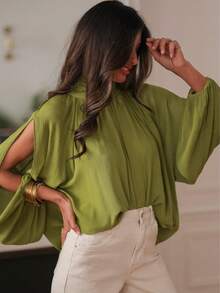 Women's Solid Color Fashion Sexy Date Slit Lantern Sleeve Loose Blouse - Green - View 5