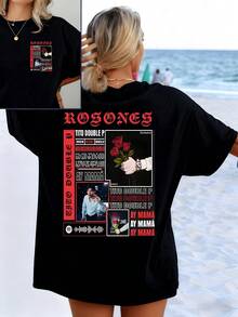 Red Roses Symbolizing Passion, Strength, And Eternal Love, Accompanied By Modern Graphic Details And Words That Evoke Rhythm And Energy. Women's T-Shirts With Versatile Double Print For Everyday Wear And Urban Style. - 黑色 - 查看 1