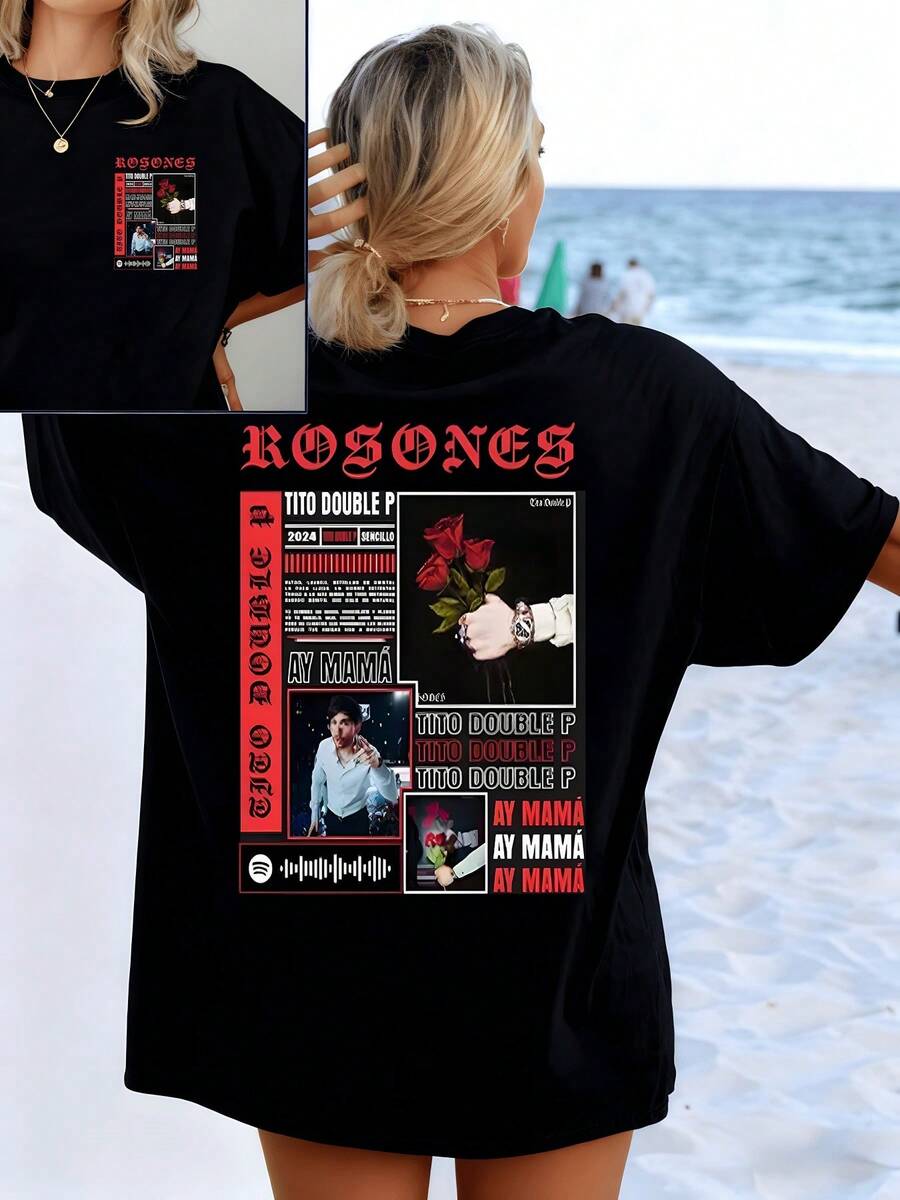 Red Roses Symbolizing Passion, Strength, And Eternal Love, Accompanied By Modern Graphic Details And Words That Evoke Rhythm And Energy. Women's T-Shirts With Versatile Double Print For Everyday Wear And Urban Style. - 黑色 - 查看 1