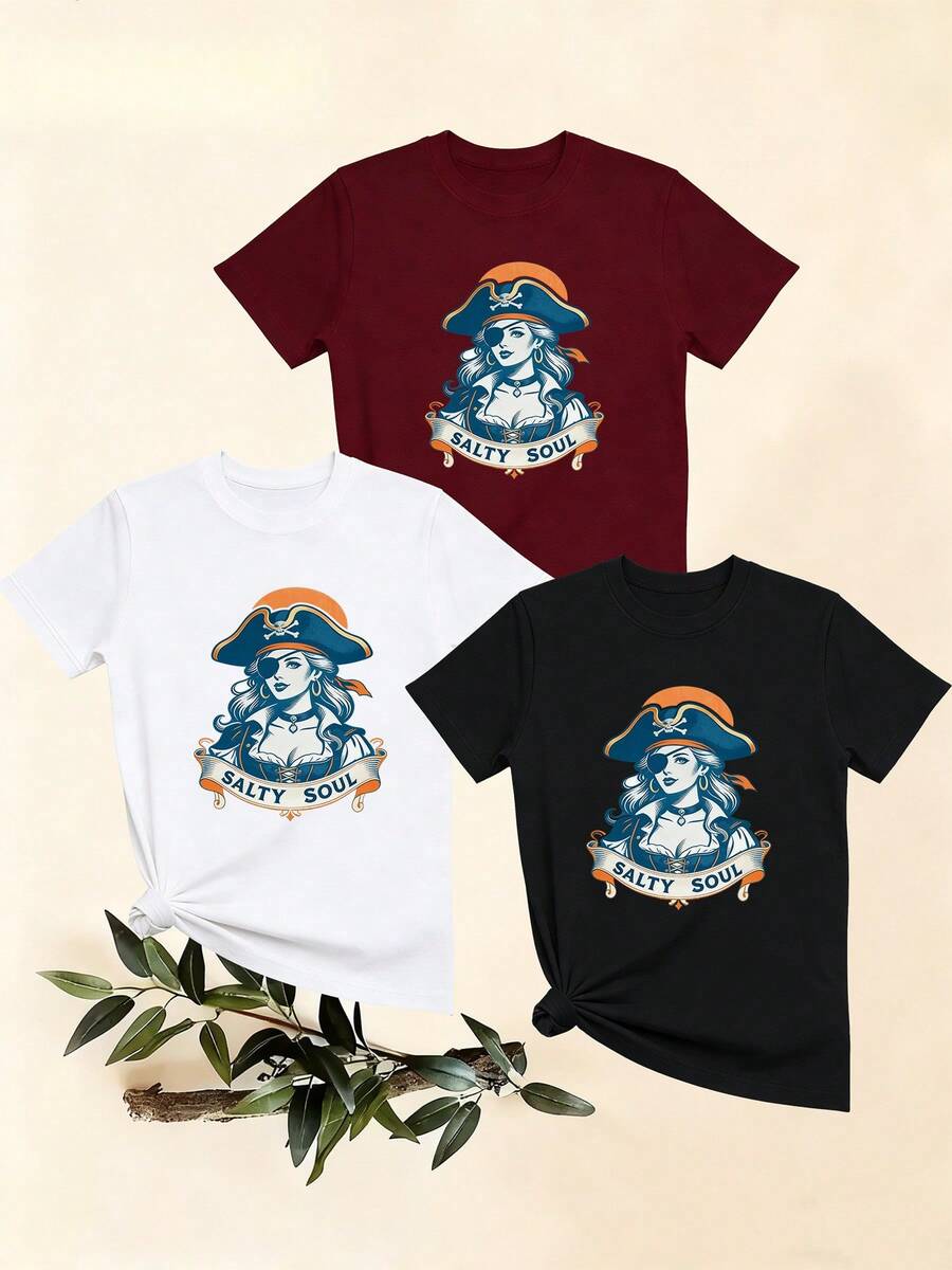 Women's T-Shirts, Women's T-Shirts, Casual Short-Sleeved One-Piece T-Shirt With A Fun Pirate Girl Print, Comfortable Top, Versatile Summer Fashion Sweater. - 1件黑色隨機圖案 - 查看 1