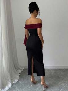 Vestido largo elegante con hombros descubiertos y decoración de lazo - Multicolor - Ver 2