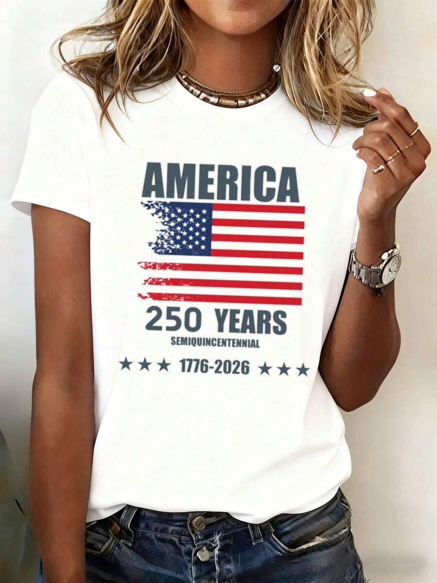 Women's T-Shirt "America 250 Years" - White, Short Sleeve, Casual Round Neck With 250th Anniversary Historical Print (Monuments/Events) - Machine Washable, Ideal For Summer And All Year Round - Perfect Gift For History Lovers - Sizes XXX1 And 3XL Available - 白色 - 查看 1