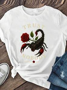 Women's Short Sleeve T-Shirts With Scorpion And Rose Print, Casual Short Sleeve T-Shirts, Spring And Summer Short Sleeve T-Shirts, Round Neck Short Sleeve T-Shirts, Casual Short Sleeve T-Shirts - 白色 - 查看 1