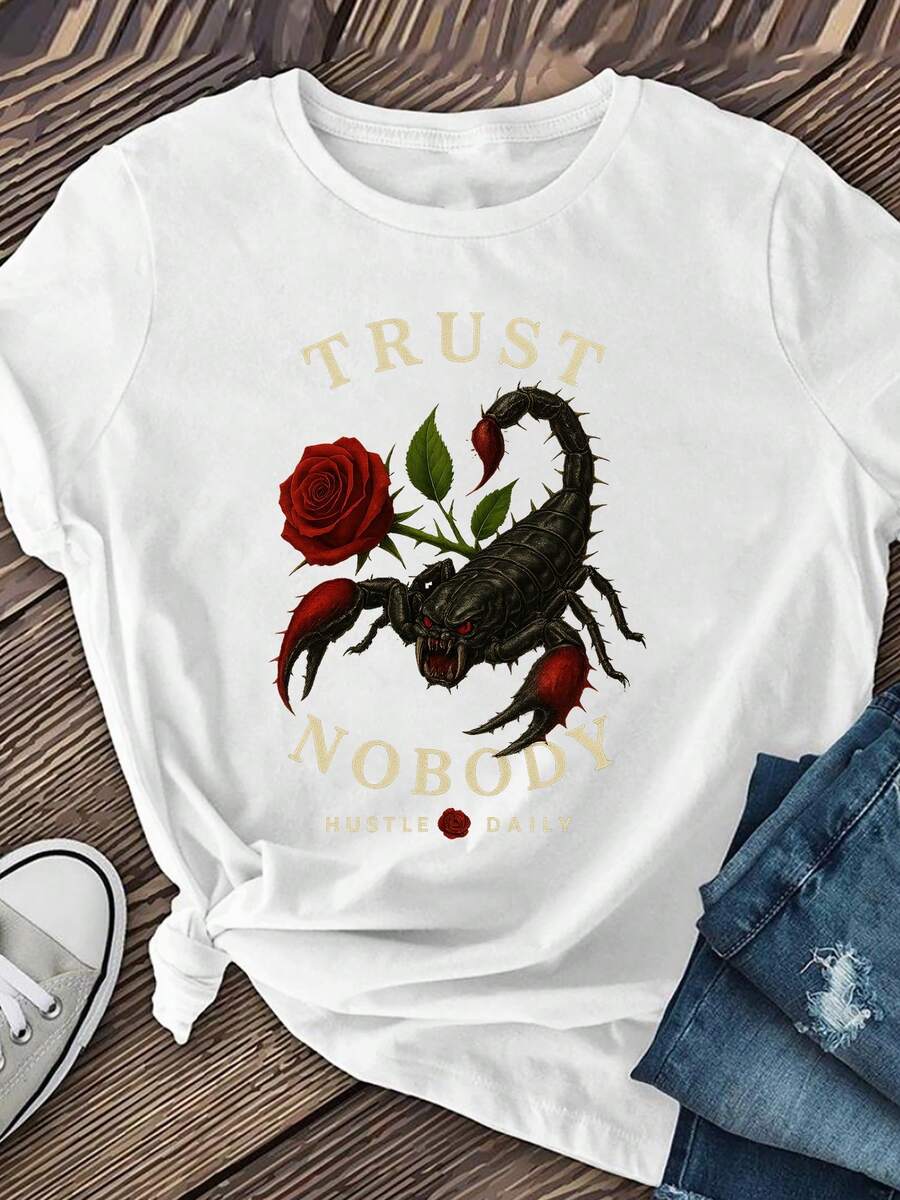 Women's Short Sleeve T-Shirts With Scorpion And Rose Print, Casual Short Sleeve T-Shirts, Spring And Summer Short Sleeve T-Shirts, Round Neck Short Sleeve T-Shirts, Casual Short Sleeve T-Shirts - 白色 - 查看 1