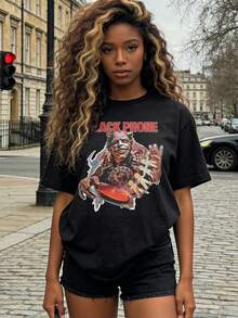 Women's Summer Clothes, Soft And Casual Cotton T-Shirt With Round Neck, Black Telephone Letter Print With The Phrase "Every Call Is A Life". - 黑色 - 查看 1