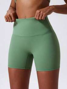 1 pieza Pantalones cortos de yoga elásticos de color nude, adecuados para correr, fitness, ciclismo y otros deportes, pantalones cortos ajustados transpirables y de secado rápido para mujeres en color negro - Verde - Ver 4