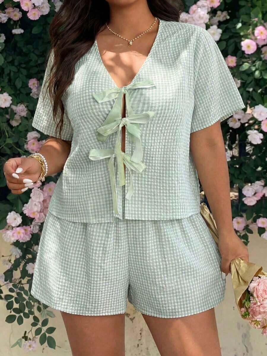 piezas de blusa y shorts con estampado floral para mujer de talla grande - Verde - Ver 1
