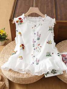 Nueva llegada de primavera/verano Blusa sin mangas con volantes de estampado floral francés dulce y único, elegante top de tirantes - Multicolor - Ver 1