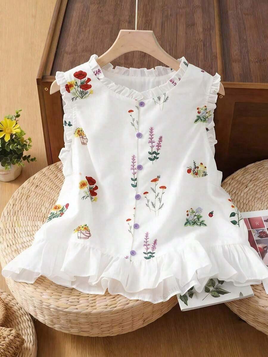 Nueva llegada de primavera/verano Blusa sin mangas con volantes de estampado floral francés dulce y único, elegante top de tirantes - Multicolor - Ver 1