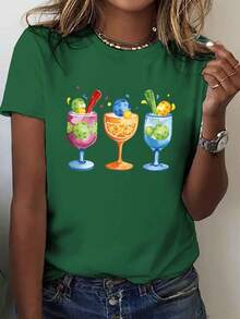 Camiseta con Ilustración de Cócteles Temáticos de Pickleball, Manga Corta y Cuello Redondo, Top Casual para Verano y Primavera, Ropa de Mujer - Verde - Ver 6