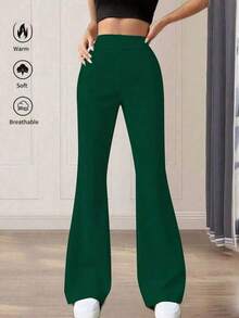 Pantalones acampanados de cintura alta de unicolor para mujer de talla pequeña, color blanco, para primavera - Verde - Ver 2