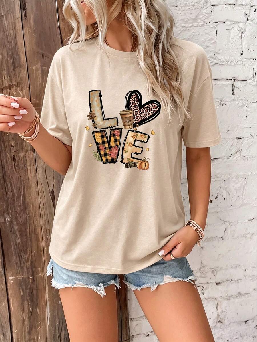 Sweet "Love Fall" T-Shirt - Cozy Autumn Print Design For Women - 杏色 - 查看 1