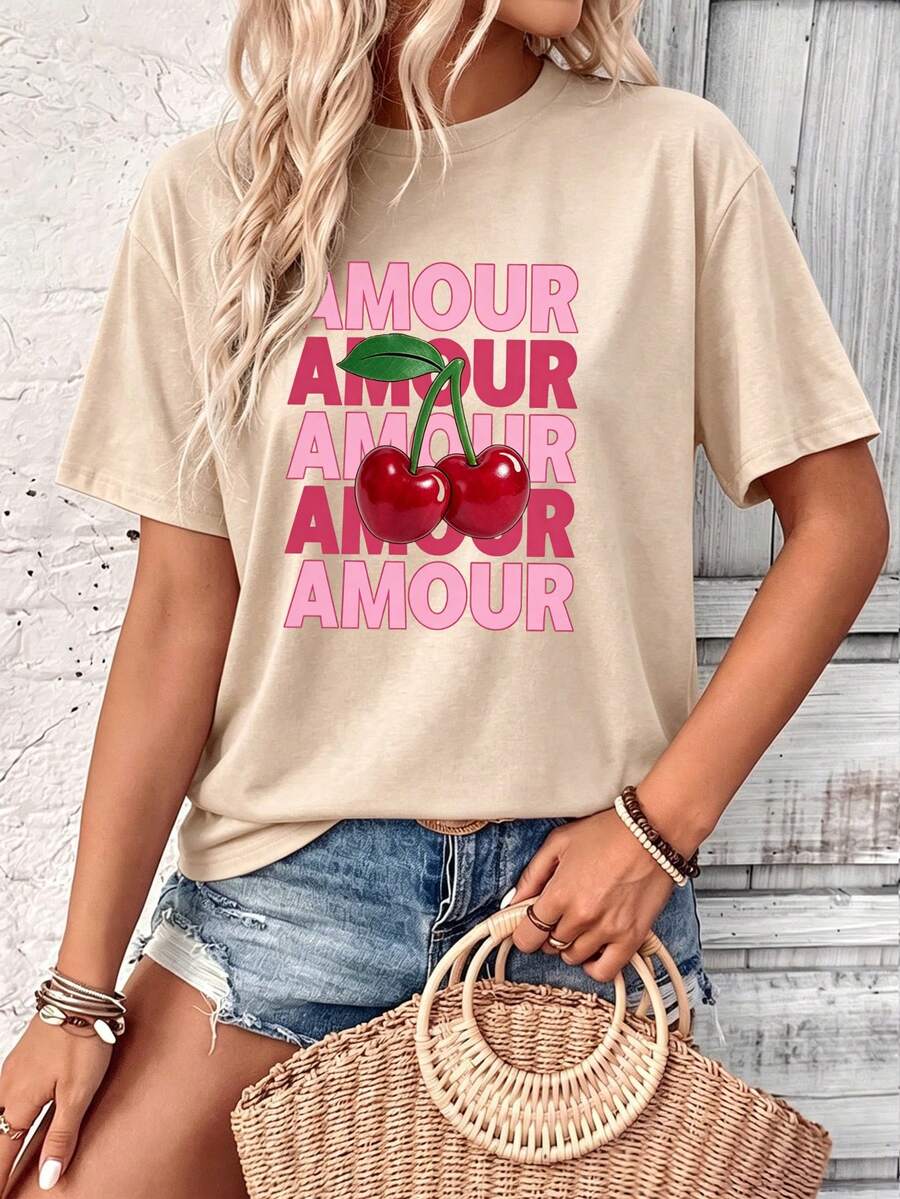 Women's Oversized Casual T-Shirt "Amour Cherries" - Beige With Cherry Print And Pink Lettering - Apricot - View 1