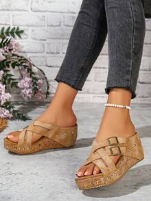 RALSWNAY Women's Fashion Thick Sole High Heel Open Toe Sandals, Beach Slippers, Suitable For Outdoor Activities, Plus Size Women's Wedge Heel Peep Toe Sandals, New Cross Strap Roman Shoes - Mustard Yellow - View 4