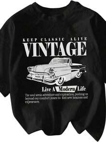100% cotton Camisetas de Mujer con Diseño de Coche Vintage de Artsadd, Camisetas Casuales de Talla Grande, Camisetas Holgadas de Manga Corta - Negro - Ver 7