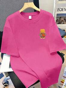 Crew Neck T-Shirt With Bear Print, Plus Size Women's Urban Fashion Item, Suitable For New Year's, Daily Wear, Outings, Beach, Parties, School, Vacation, Travel. Summer Vacation Outfit, Beach Vacation Outfit, Spring Outfit, Mother's Day Gift; Graduation - 紫紅色 - 查看 2