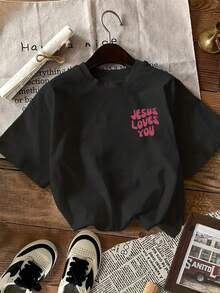 Camiseta de Talla Grande con Estampado de Letras, Manga Corta y Cuello Redondo, Ropa Casual de Verano y Primavera, Ropa Oversize para Mujer - Negro - Ver 3