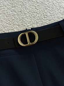 2 piezas Conjunto elegante de camiseta de manga larga a rayas y pantalones con bolsillos y cinturón para mujer - Azul marino - Ver 4