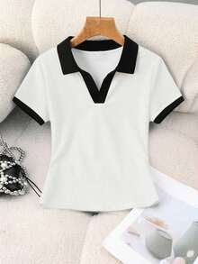 Blusa casual de mujer con cuello polo a rayas y manga corta - Blanco y Negro - Ver 3