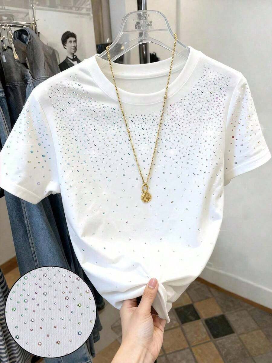 Camiseta de mujer de manga corta y cuello redondo con bordado de lentejuelas en forma de lazo, 56% algodón, estilo minimalista de moda, regalo para amigos - Blanco - Ver 1