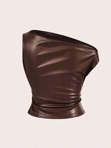 Top para mujer, moda casual de estilo callejero de los 90, primavera y otoño, unicolor, cuello plisado, top de tanque de PU sin mangas, adecuado para salir y fiestas - Café integral - Ver 3