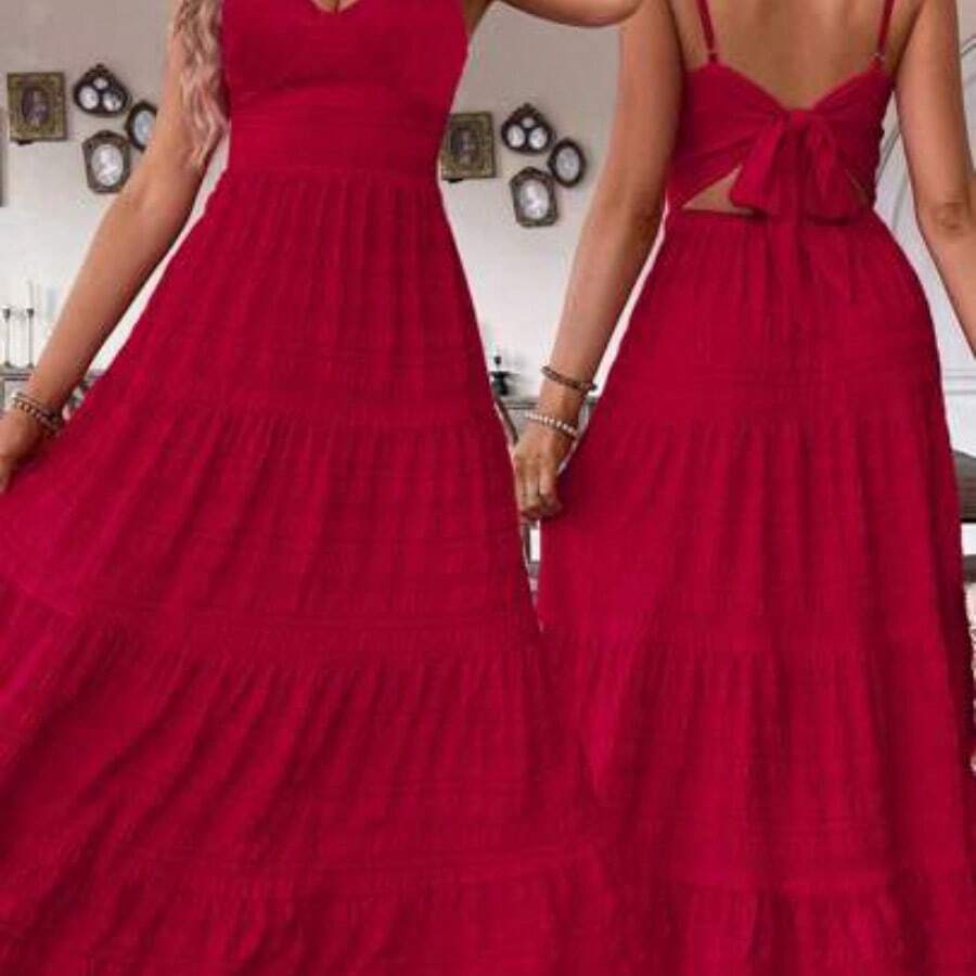 Holidaya New Vintage Floral Birthday Wedding Multi-Layer Patchwork Cute Bow Tie Dress For Women - Rojo - Ver 1