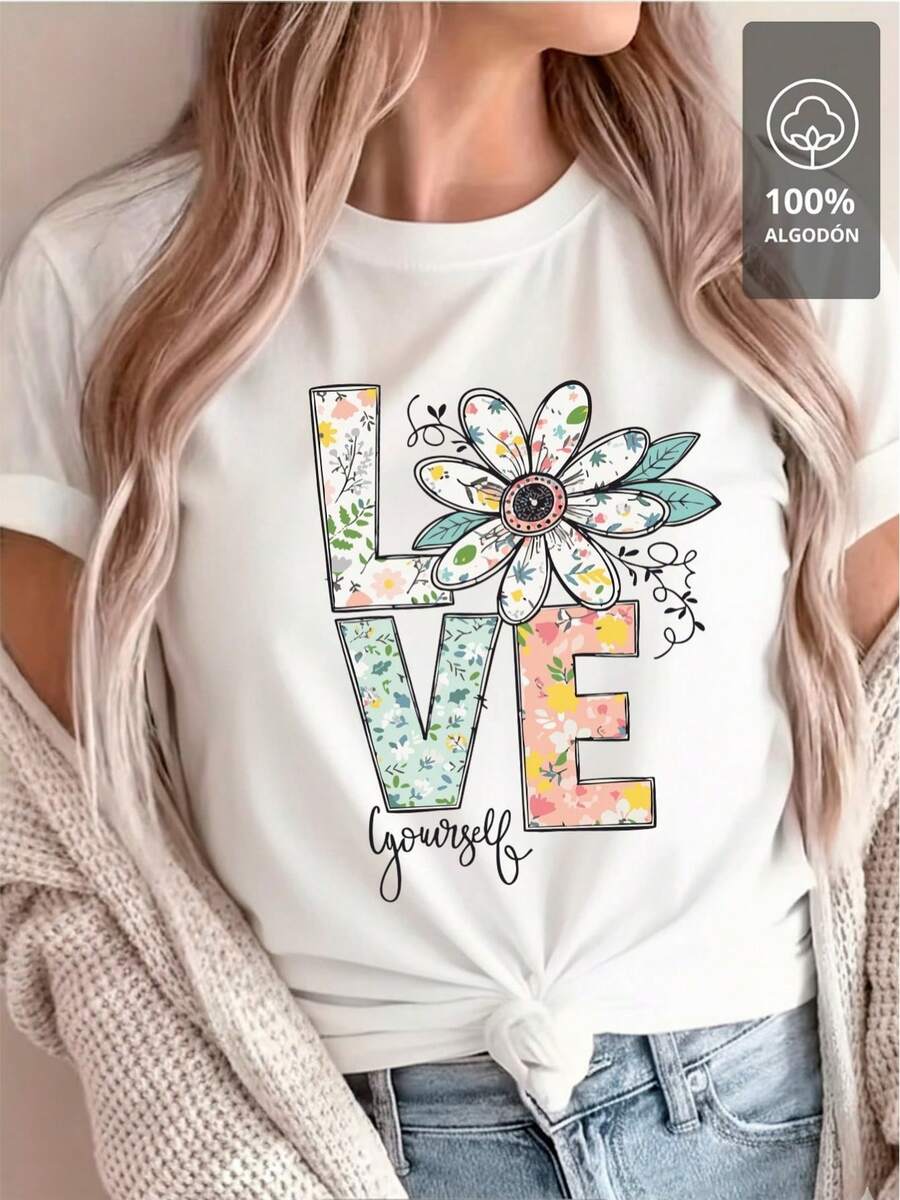 Playera LOVE YOURSELF 100% Algodón |   Edición Femenina Suave & Romántica - [Blanco] - Ver 1