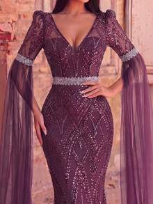 Faeriesty Vestido de noche formal y vestido de cóctel de lujo con cuello en V, extra largo, con bordado de lentejuelas - Morado - Ver 5