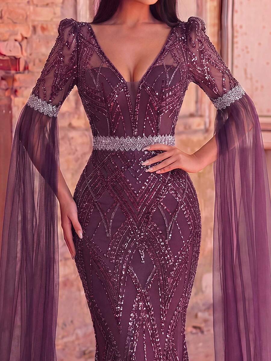 Faeriesty Đầm dạ hội và đầm cocktail dài sang trọng cổ chữ V thêu sequin, thích hợp cho kỳ nghỉ.