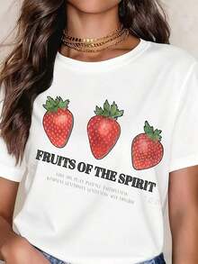 Camiseta Casual de Moda para Mujer, Corte Holgado, Cuello Redondo, Manga Corta, Estampado Gráfico de Fresas "Fruits Of The Spirit", para Uso Diario y Eventos Religiosos, 100% Algodón, Resistente. - Blanco - Ver 7