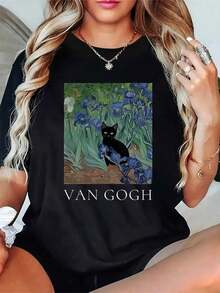 1 camiseta para mujer inspirada en la Noche Estrellada de Van Gogh, con diseño de gato e iris - Rosa suave, corte casual cómodo, manga corta, cuello redondo, tela duradera lavable a máquina, regalo artístico para cumpleaños y días festivos, diseño inspirado en Van Gogh para atuendos casuales y camiseta de algodón puro con cuello redondo estampada para mujeres de talla grande, adecuada para primavera, verano y otoño. - Negro - Ver 7