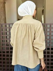 Blusa elegante de mujer con cuello alto, mangas farol y rayas, para otoño - Albaricoque - Ver 2