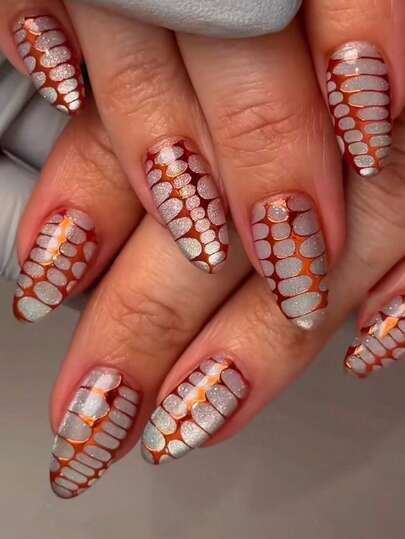 24pcs Almond Shaped Press On Fake Nails Orange And Silver Nail Aqua-Copper Snake Acrylic French Fake Nails