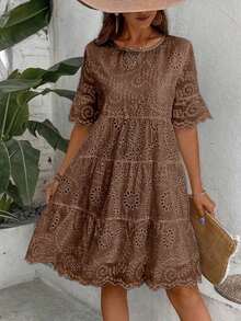 Vestido casual de cuello redondo bordado para mujer para fiestas y salidas - Marrón - Ver 1