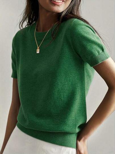 Women's Lightweight Solid Color Short Sleeve Knit T-Shirt, Minimalist Summer Top, Loose Fit, Low-Key Luxurious Style, Daily Essential, Y2K Retro, 2026 Spring/Summer Knit, Office To Weekend Wear
