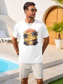 Camiseta de manga corta para hombre Runcati, cuello redondo, diseño casual, estampado de palmeras y atardecer, estilo vintage hawaiano, para verano y playa. TKAL - Blanco - Ver 4