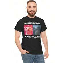 Born For Dilly Dally, Forced To Lock Himself In A T-Shirt, Funny Cursed Cat Meme T-Shirt, Sarcastic Humor T-Shirt For Gen Z, Y2K Virus-Style Hingeless T-Shirt. VBEI - 黑色 - 查看 6