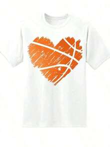 Women's Basketball Heart Design T-Shirt, Casual Sporty Style, Orange Heart Print Graphic Tee, Perfect For Basketball Fans And Sports Lovers, Daily Wear Or Gift Idea, Suitable For Spring, Summer And Autumn. - 白色 - 查看 2