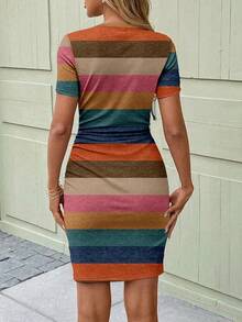1 pieza Vestido corto casual y ceñido para mujer, adecuado para primavera y verano, apropiado para salir, vestido elegante y casual - Multicolor 2 - Ver 2