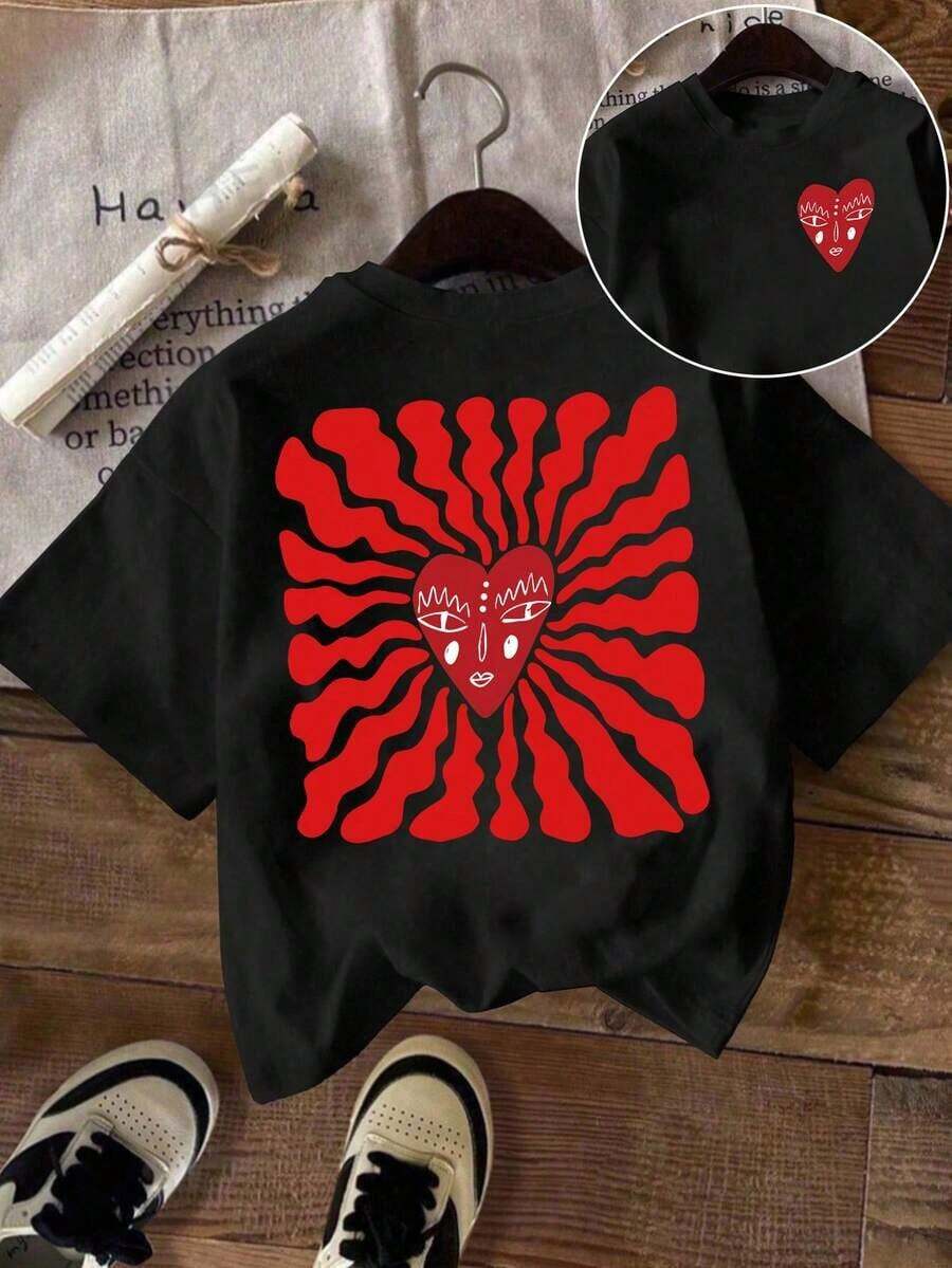 Ropa de vacaciones, primavera y resort para mujer, blusas primaverales lindas, camiseta gráfica Y2K, camiseta con corazón, camiseta rosa - Negro - Ver 1