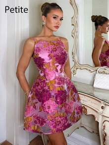 Charm Vestido de fiesta de verano corto y mini con falda de línea A, decoración de alambre metálico y jacquard de organza, atuendo de otoño y regreso a la escuela - Rosa Fucsia - Ver 3