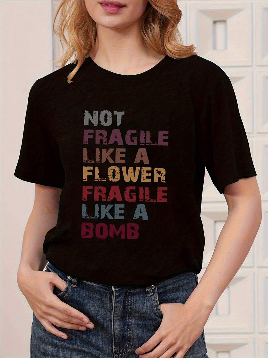 T-Shirt With "Tough As Dynamite" Letter Print, Short Sleeves And Round Neck, Casual Top For Summer And Spring, Women's Clothing - Black - View 1